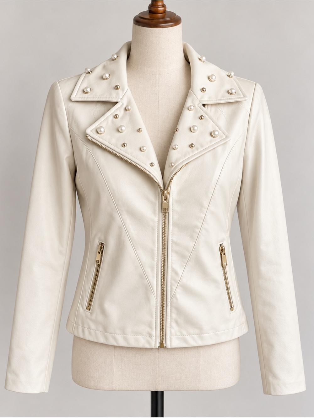 Marc New York Pearl Stud Moto Jacket Ivory Faux Leather Small Womens